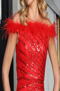 LA Merchandise LA8064 Off Shoulder Feather Sequin Sexy Red Gala Gown - - Dress LA Merchandise