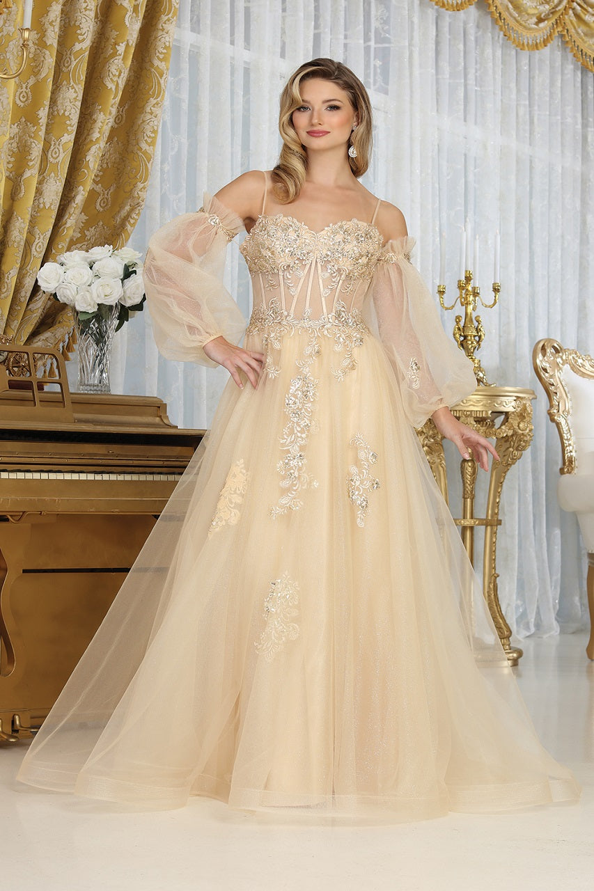 LA Merchandise LA8073 Removable Sleeves A-Line Tulle Semi Ball Gown - CHAMPAGNE - Dress LA Merchandise