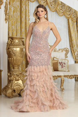 LA Merchandise LA8076 Sexy Mermaid Sequin & Feathers Gala Dress - BLUSH - Dress LA Merchandise