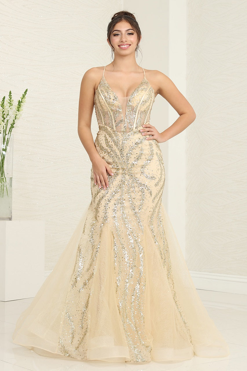 LA Merchandise LA8078 Spaghetti Strap Tulle Beaded Prom Gown - GOLD - Dress LA Merchandise