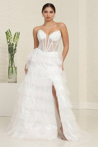 LA Merchandise LA8142B Ruffle Corset White Layered Bridal Slit Gown - WHITE - Dress LA Merchandise