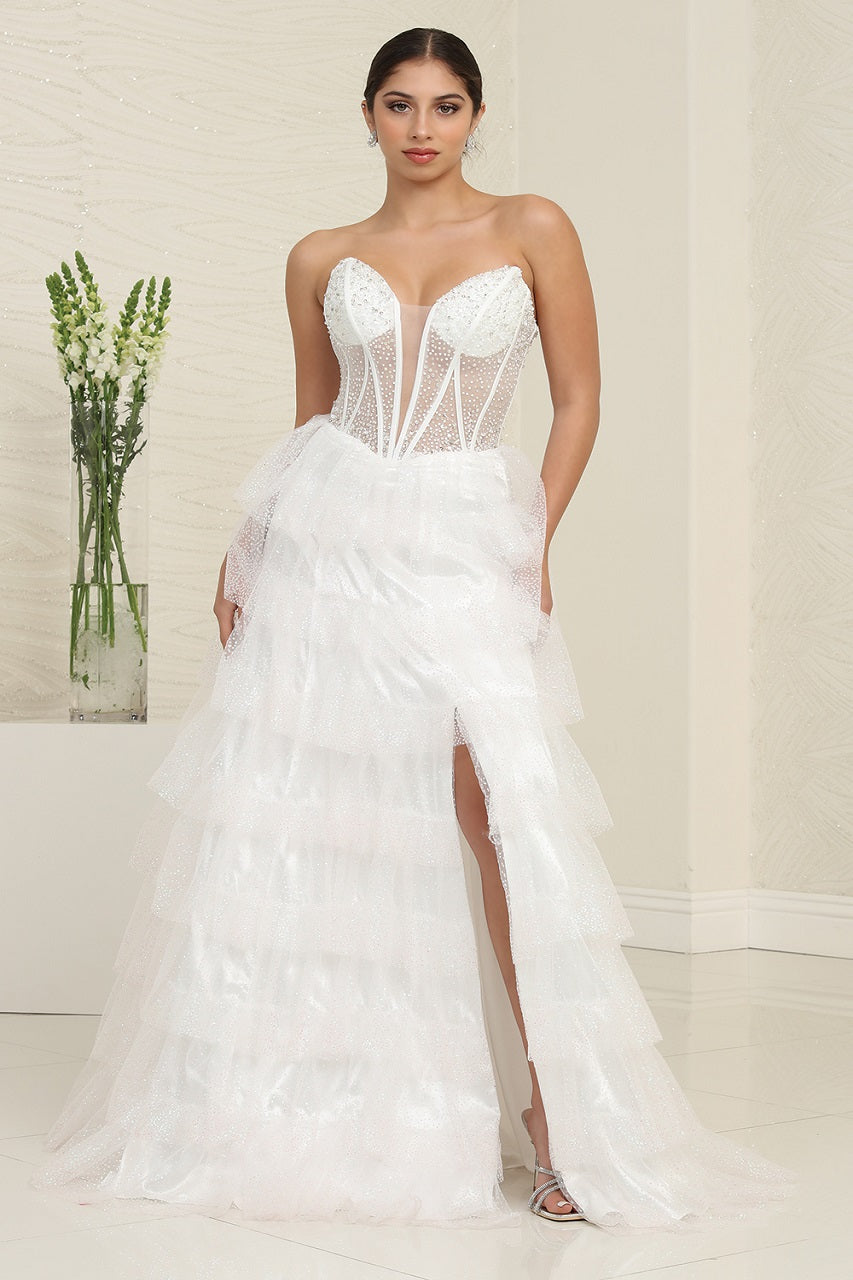 LA Merchandise LA8142B Ruffle Corset White Layered Bridal Slit Gown - WHITE - Dress LA Merchandise