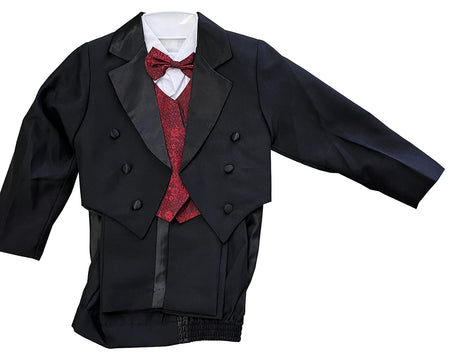 LA Merchandise LA8209 5pcs. Classic Boys Tuxedo With Tail - Black Burgundy - Boys suits LA Merchandise