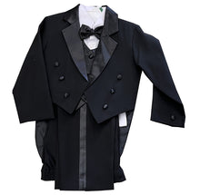 Load image into Gallery viewer, LA Merchandise LA8214 5 piece boys tuxedo with tail &amp; color vest &amp; bow - Black - Boys suits LA Merchandise
