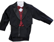 Load image into Gallery viewer, LA Merchandise LA8214 5 piece boys tuxedo with tail &amp; color vest &amp; bow - Black Burgundy - Boys suits LA Merchandise