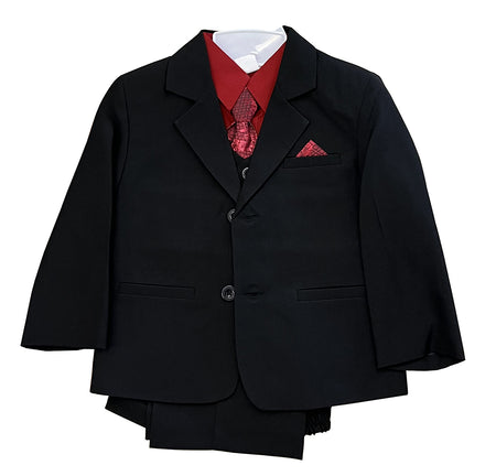 LA Merchandise LA8226 5 piece Classic Boys Solid Suit Set - Black Burgundy - Boys suits LA Merchandise