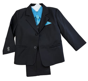 LA Merchandise LA8226 5 piece Classic Boys Solid Suit Set - Black Turquoise - Boys suits LA Merchandise