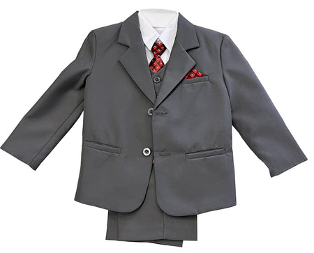 LA Merchandise LA8226 5 piece Classic Boys Solid Suit Set - Grey Red - Boys suits LA Merchandise