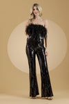 Load image into Gallery viewer, LA Merchandise LAA3019 Strapless Feather Sequin Embellished Jumpsuit - BLACK - Dress LAA