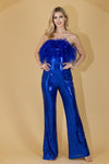 Load image into Gallery viewer, LA Merchandise LAA3019 Strapless Feather Sequin Embellished Jumpsuit - ROYAL BLUE - Dress LAA