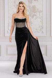 LA Merchandise LAA5051 Cowl Neck Velvet Prom Evening Corset Gown - BLACK - Dress LA Merchandise