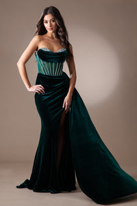 LA Merchandise LAA5051 Cowl Neck Velvet Prom Evening Corset Gown - EMERALD GREEN - Dress LA Merchandise