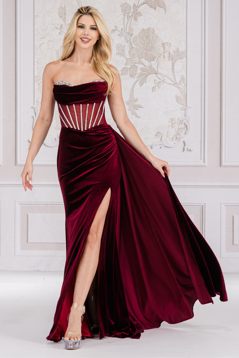 LA Merchandise LAA5051 Cowl Neck Velvet Prom Evening Corset Gown - WINE - Dress LA Merchandise