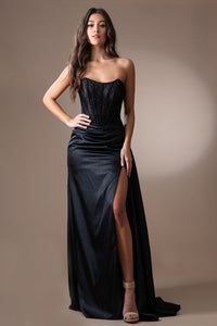 LA Merchandise LAA5054 Black Strapless Corset Slit Prom Evening Gown - - Dress LA Merchandise