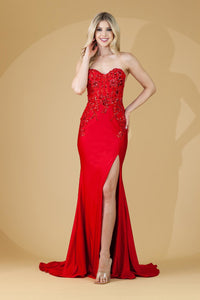 LA Merchandise LAA7052 Fitted Sweetheart Embroidered Corset Gown - RED - Dress LA Merchandise