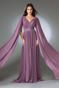 LA Merchandise LAAAC0011 Cape Sleeves V-neck Long Evening Gown - - LA Merchandise