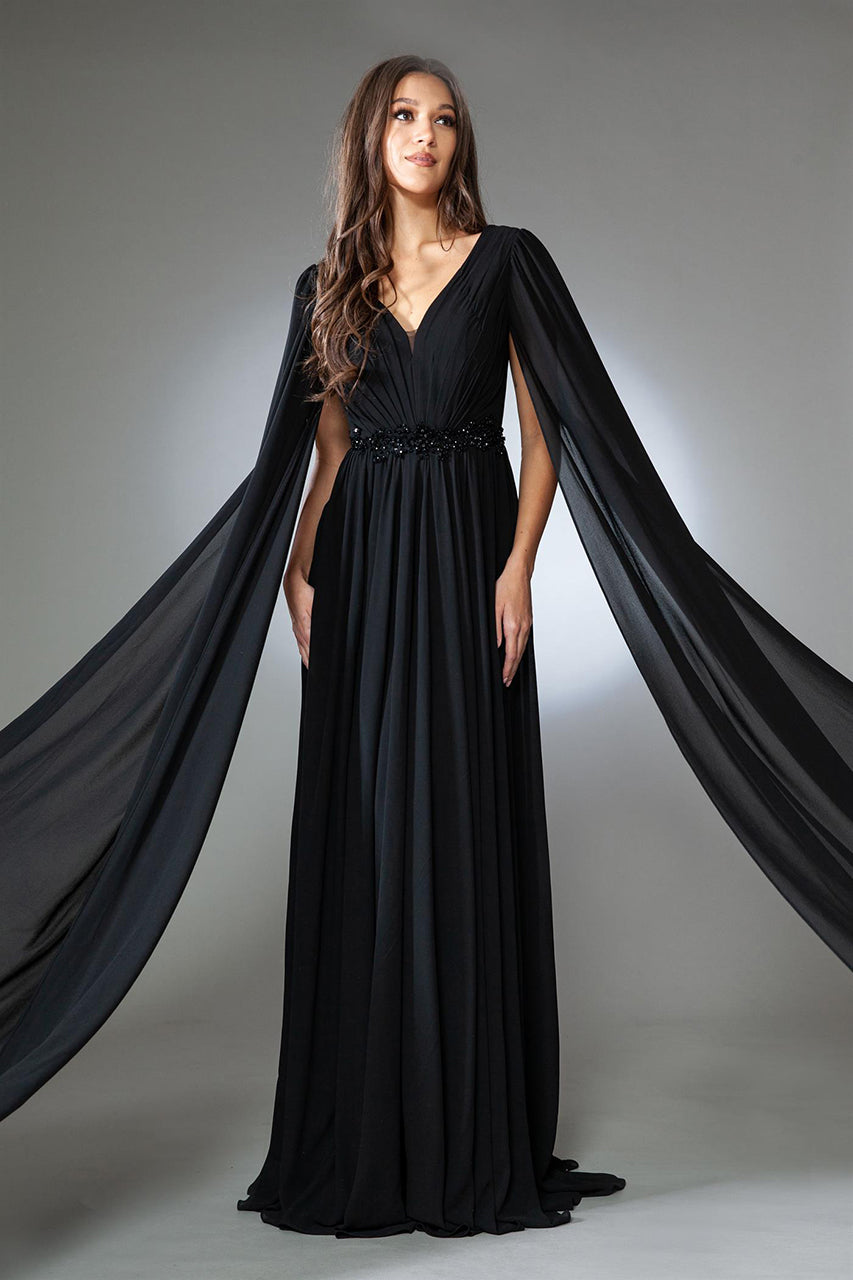 LA Merchandise LAAAC0011 Cape Sleeves V-neck Long Evening Gown - BLACK - LA Merchandise