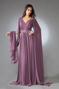 LA Merchandise LAAAC0011 Cape Sleeves V-neck Long Evening Gown - MAUVE - LA Merchandise
