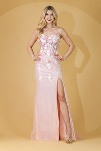 LA Merchandise LAABZ9019 Shimmering Fitted Sweetheart Floral Prom Gown - BLUSH - Dress LA Merchandise