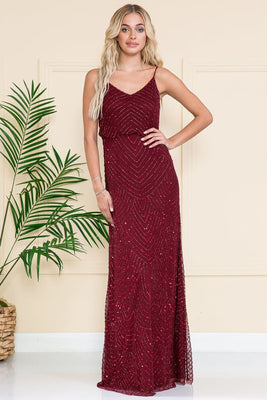 LA Merchandise LAAIN001 Long Embellished Spaghetti Straps Formal Gown - BURGUNDY - LA Merchandise