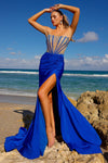 Load image into Gallery viewer, LA Merchandise LAASU069 Sheer Strapless Corset High Slit Prom Gown - ROYAL BLUE - Dress LA Merchandise