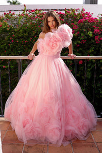 LA Merchandise LAASU079 A-line Mesh Pageant Formal Floral Prom Gown - BLUSH - Dress LA Merchandise