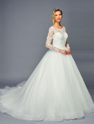 LA Merchandise LADK471 Chapel Train Wedding Long Sleeves Bridal Gown - IVORY - Dresses LA Merchandise
