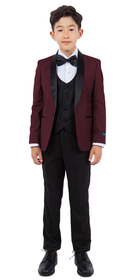 LA Merchandise LAPBT283SA 5 pc Two Toned Boys Perry Ellis Tuxedo Suit - BURGUNDY BLACK - Boys suits LA Merchandise