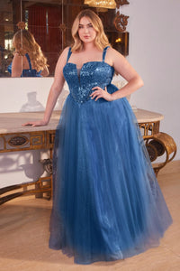 LA Merchandise LAR0217P Embellished Corset Tulle Glitter Gala Gown - DEEP BLUE - Dress LA Merchandise