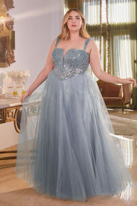 LA Merchandise LAR0217P Embellished Corset Tulle Glitter Gala Gown - SMOKY BLUE - Dress LA Merchandise