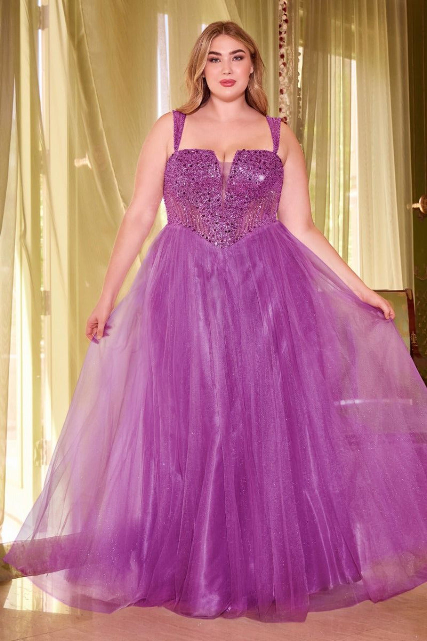 LA Merchandise LAR0217P Embellished Corset Tulle Glitter Gala Gown - AMETHYST - Dress LA Merchandise
