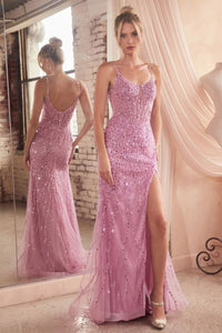 LA Merchandise LAR0220 Beaded Sequin Sheer Slit Prom Dress - BLOSSOM PINK - Dress LA Merchandise