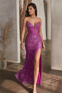LA Merchandise LAR0227 Strapless Beaded Corset Side Slit Pageant Gown - AMETHYST - Dress LA Merchandise