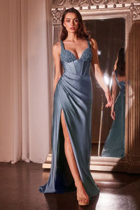 LA Merchandise LAR0231 Boned Beaded Bustier Jersey Prom Evening Gown - SMOKY BLUE - Dress LA Merchandise