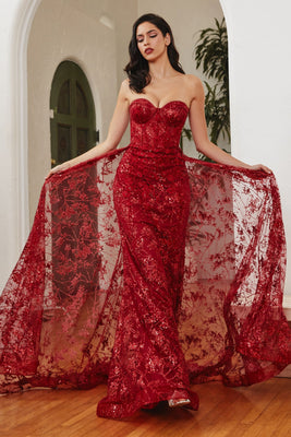 LA Merchandise LAR046 Floral Applique Prom Gown - DEEP RED - Dress LA Merchandise
