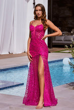 Load image into Gallery viewer, LA Merchandise LAR155 Sheer Bodice Floral Motif Slit Prom Dress - FUCHSIA - Dress LA Merchandise