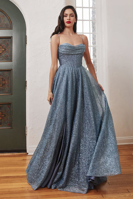 LA Merchandise LAR252 Shimmering Glitter A-line Pageant Gown - SMOKY BLUE - Dress LA Merchandise