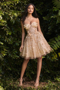 LA Merchandise LAR9243 Strapless 3D Floral Applique Cocktail Dress - CHAMPAGNE - Dress LA Merchandise