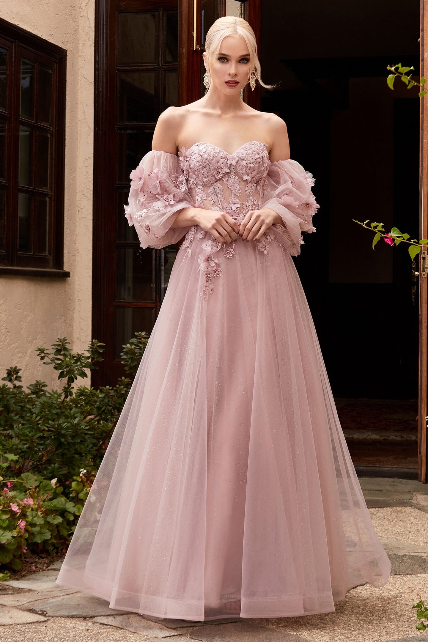 LA Merchandise LAR962 A-line Strapless Removable Sleeves Floral Dress - MAUVE - Dress LA Merchandise