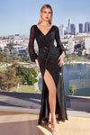Load image into Gallery viewer, LA Merchandise LARB8422 Long Sleeve Sequin Wrap Formal Prom Gown - BLACK - Dress LA Merchandise