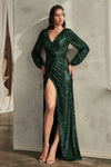Load image into Gallery viewer, LA Merchandise LARB8422 Long Sleeve Sequin Wrap Formal Prom Gown - EMERALD - Dress LA Merchandise