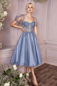 LA Merchandise LARCD0187 Short Puffy Sleeves Vintage Party Dress - SMOKY BLUE - Dress LA Merchandise