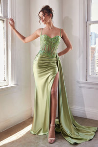 LA Merchandise LARCD868 Spaghetti Straps Sheer Bodice Red Carpet Gown - GREEN - Dress LA Merchandise