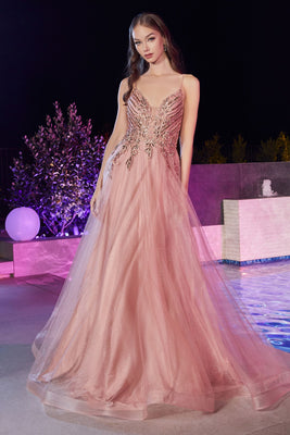 LA Merchandise LAR874 Embroidered A-line Glitter Prom Formal Gown - ROSE GOLD - Dress LA Merchandise