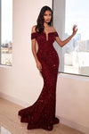Load image into Gallery viewer, LA Merchandise LARCD975 Off Shoulder Red Carpet Sequin Formal Gown - BURGUNDY - Dress LA Merchandise