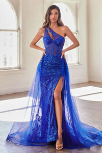 LA Merchandise LARJ869 One Shoulder Overlay Skirt Prom Evening Gown - ROYAL BLUE - Dress LA Merchandise