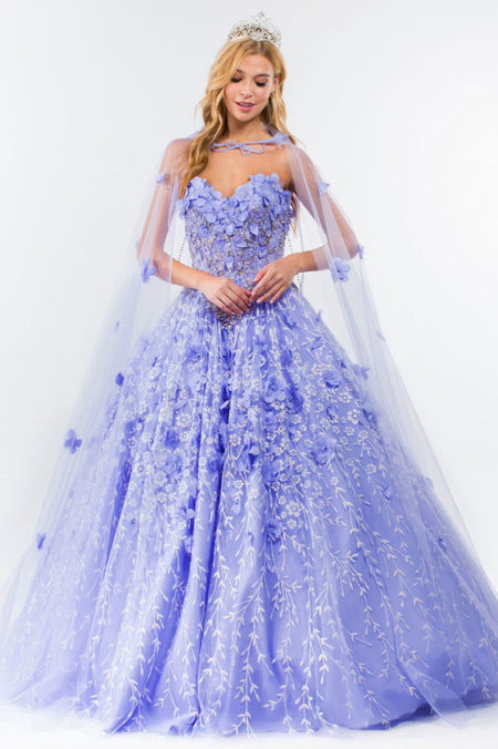 LA Merchandise LAS1939 3D Floral Applique Quince Ball Gown w/ Hooded Mesh Cloak - LILAC - Dress LA Merchandise