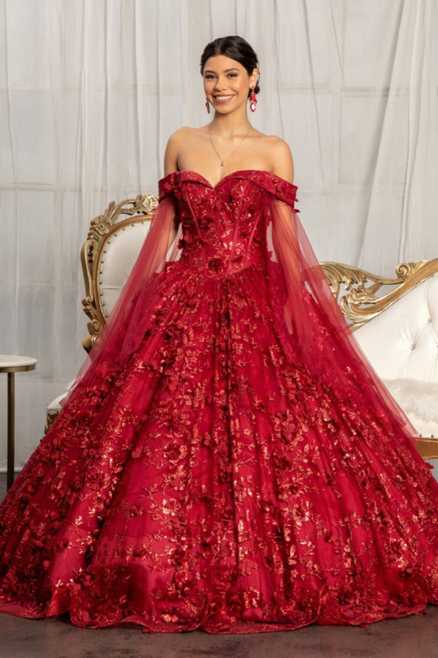 LA Merchandise LAS1970 3D Floral Applique Off Shoulder Ball 15 Gown - BURGUNDY - LA Merchandise