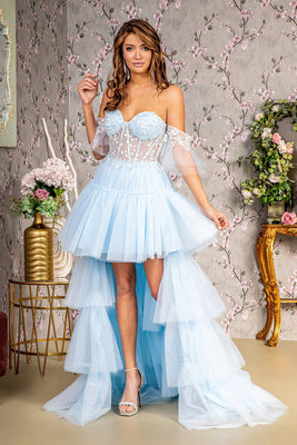 LA Merchandise LAS3396 Detachable Train Sheer Bodice Pageant Gown - BABY BLUE - Dress LA Merchandise