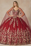 Load image into Gallery viewer, LA Merchandise LAT1442 Detachable Cape Embroidery Ball Quince Dress - BURGUNDY - LA Merchandise